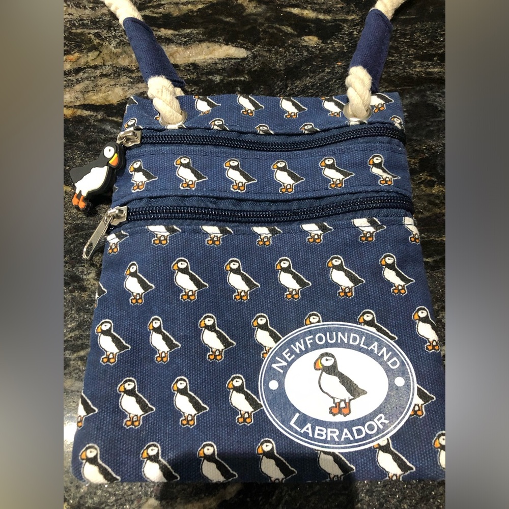 Newfoundland Labrador Puffin Crossbody Bag - Navy Puffin Print